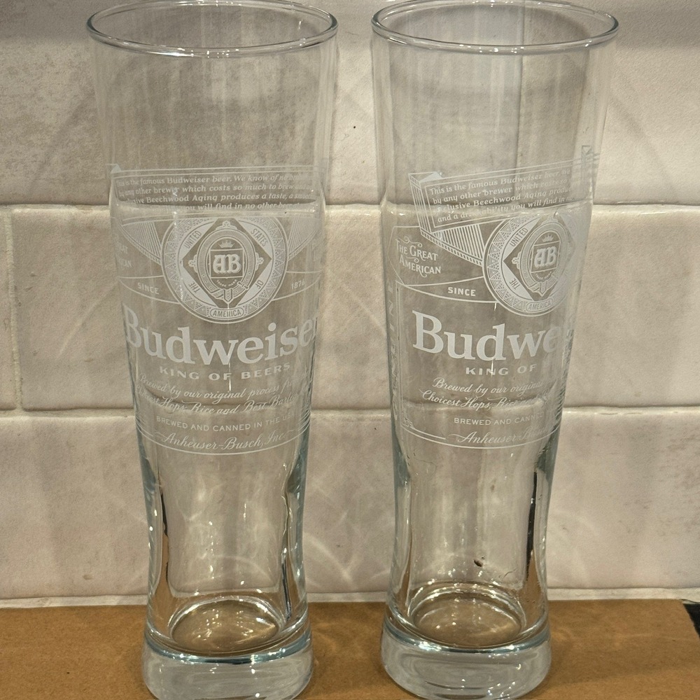 Budweiser King of Beers Pilsner Glasses Set of 2 White Label Clear 8.5 Inch Tall